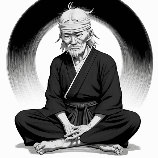 AI generated: no color, perfect anime illustration, portrait of a old ninja master , sitting, {{{{{{black and whit...
