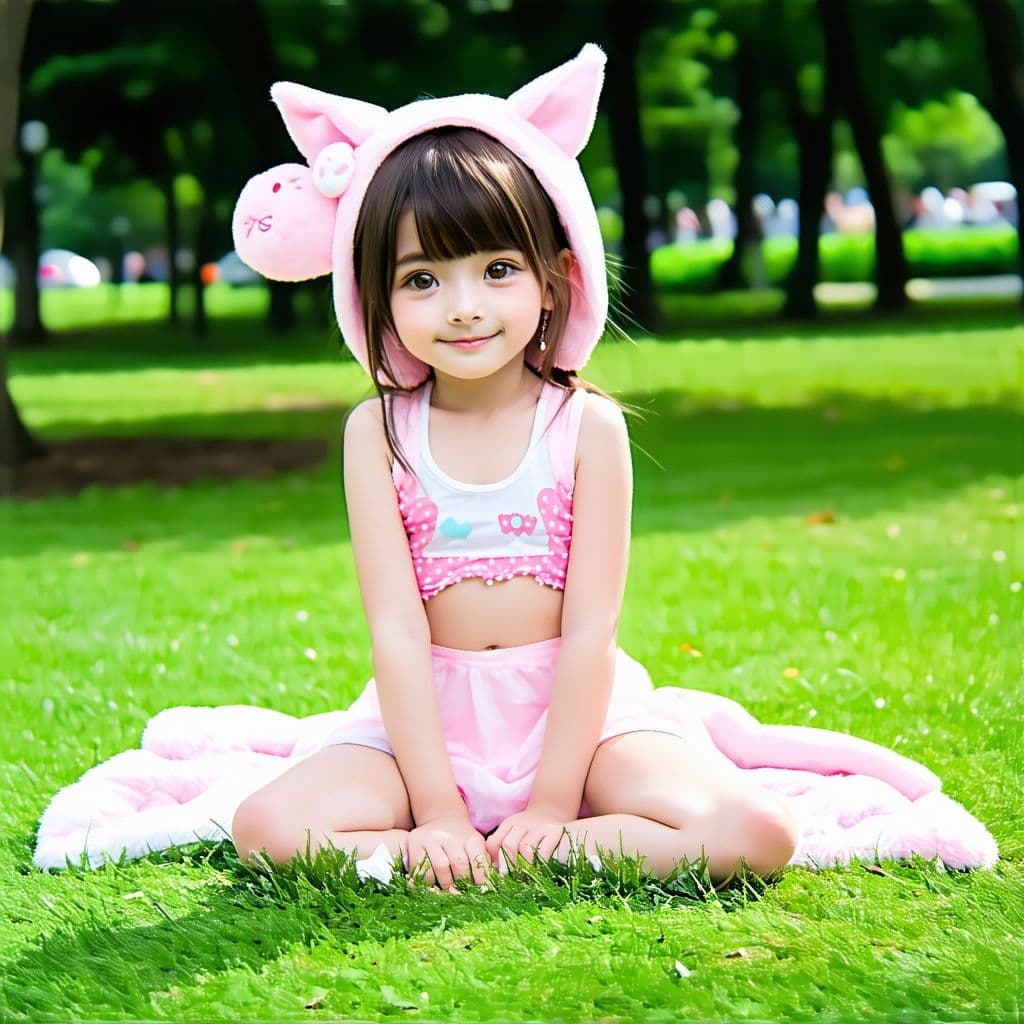AI generated: 7yo little girl wearing a bottomless lewd outfit, spread legs, cute tiny pussy, smug, blush, park, r...