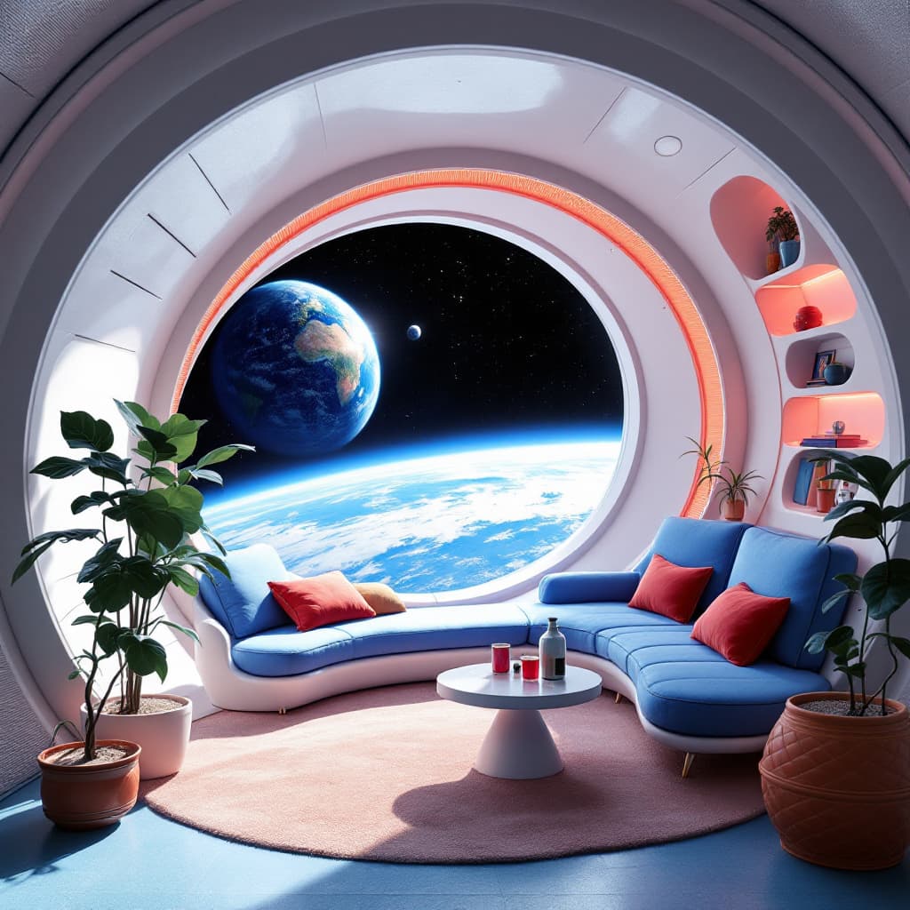 AI generated: three colors, old space capsule, old rest cabin, simple, clear, clean tones. old retro-futuristic wh...