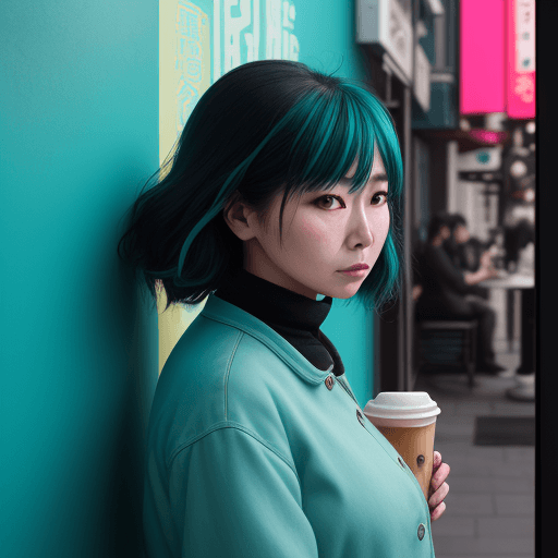 AI generated: a 50 year woman standing in front of a wall at a cafe, in the style of mamiya 7 ii, neo-pop sensibil...
