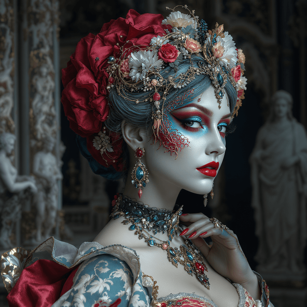 AI generated: beautiful red, blue and gold makeup on a woman, in the style of Venetian scenes, hyperrealistic scul...