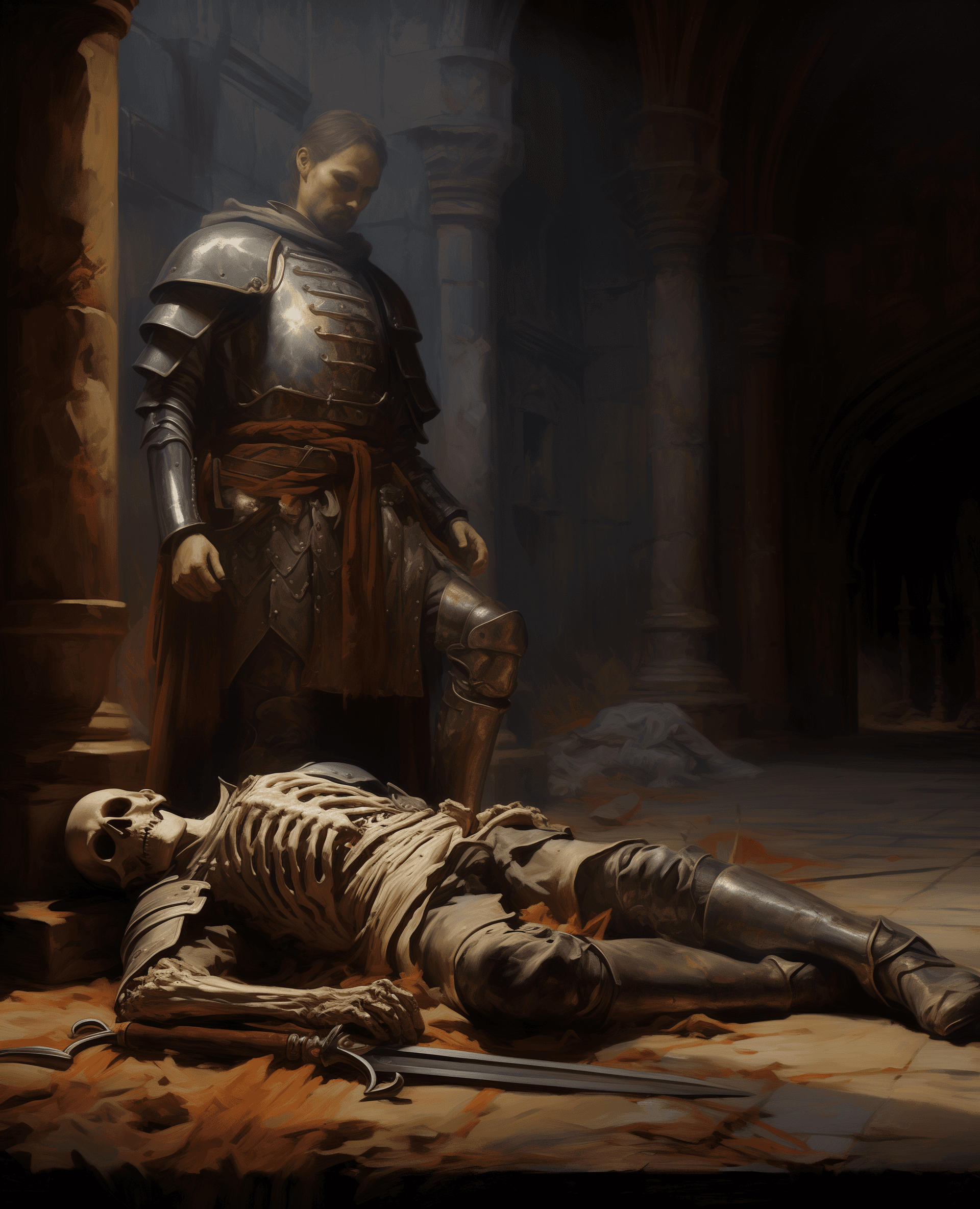 AI generated: A skeleton lying on the ground, next to it is an iron sword and some bones. In front of him stands a...