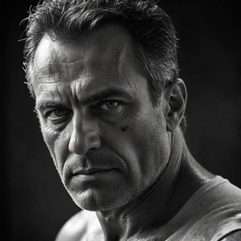 AI generated: black and white photograph close up portrait, 55-year-old tough man, sharp eyes, serious, stoic, gre...