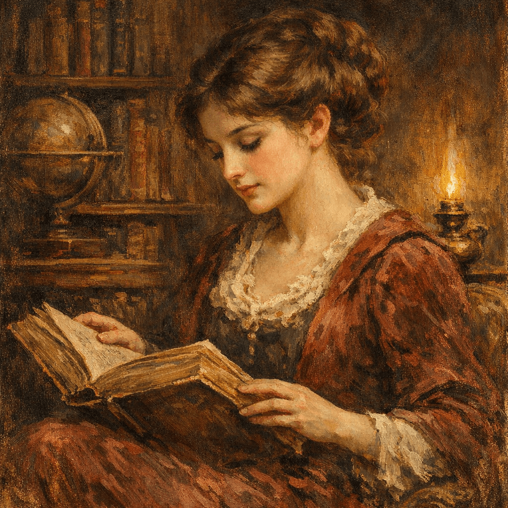 AI generated: Vintage Portrait Oil Painting Wall Art Retro Library Girl Reading Old Book Posters Famous Antique Fe...