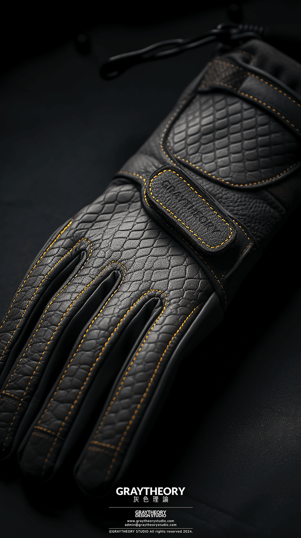 AI generated: Focus on a minimal Gloves, textured matte black surface, in a subdued dark grey hue, yellow point, m...