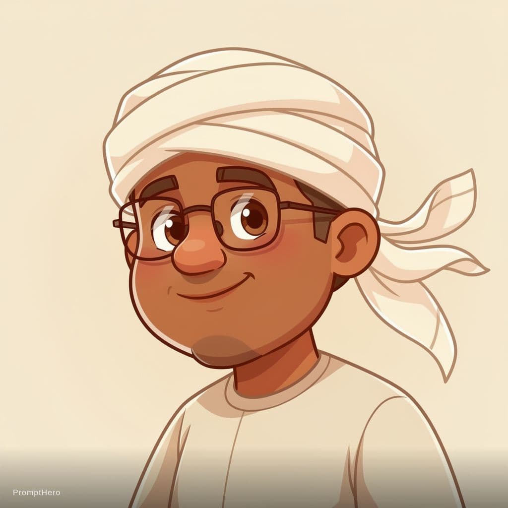 AI generated: Cartoon Upper Egyptian man, three-quarter face view, rounded features, circular face, wearing Sa’idi...