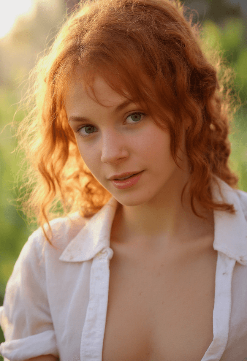 AI generated: Create a close-up portrait of a person with curly red hair, wearing an open white shirt. The subject...