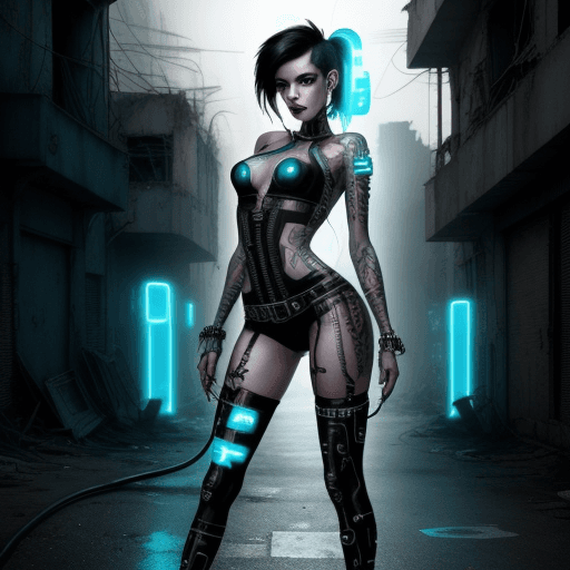 AI generated: Sexy punk in a dirty Ghetto street,,ruins,tron, bioimplants,cable come out of her body