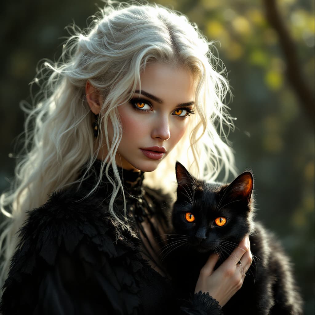 AI generated: Photographic portrait of a female white witch, cascading golden white  hair, honey amber eyes like t...
