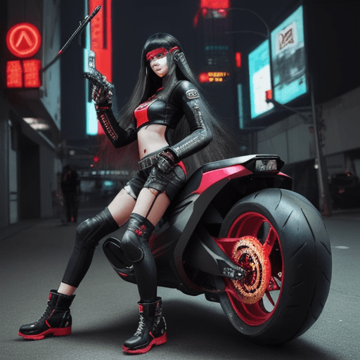 AI generated: female long hair emo cyberpunk pistol in hand motorbike