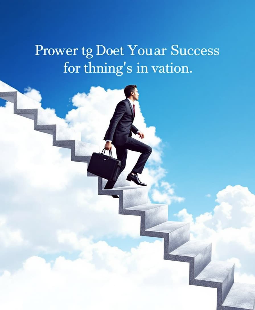 AI generated: A man in a black suit is climbing a staircase that appears to be floating in the sky. He is holding ...