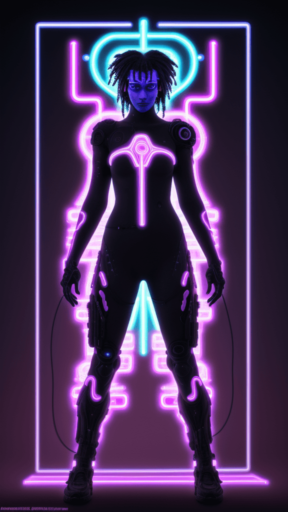 AI generated: blacklight fractal neon holofluid cyberpunk character