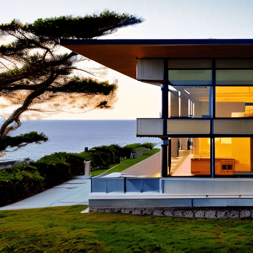 AI generated: Hyper realistic eye level exterior photo of a mid century modern style house overlooking the ocean, ...