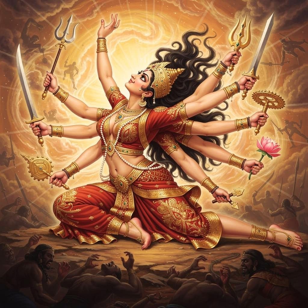 AI generated: Indian goddess durga,Face down, lift upper body high, twist chin over shoulder with tousled hair and...