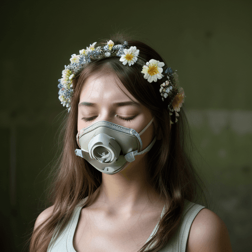 AI generated: 1 girl, respirator on face, flowers grow from girl's mouth, flowers wrap around hair, flower crown, ...