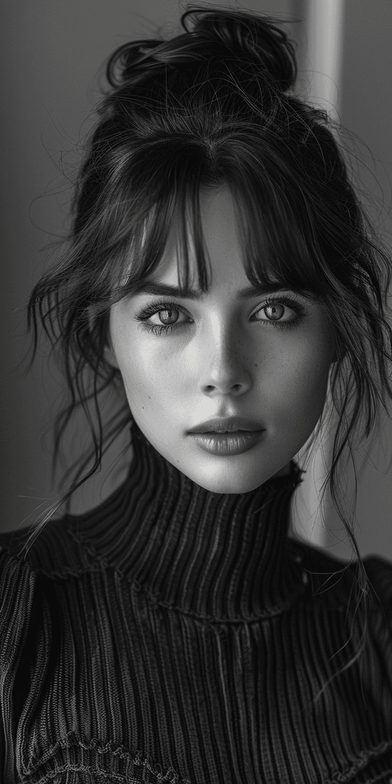 AI generated: fashion photography, cover photo, black and white, female model, facing the camera, shot on Sony A7 ...
