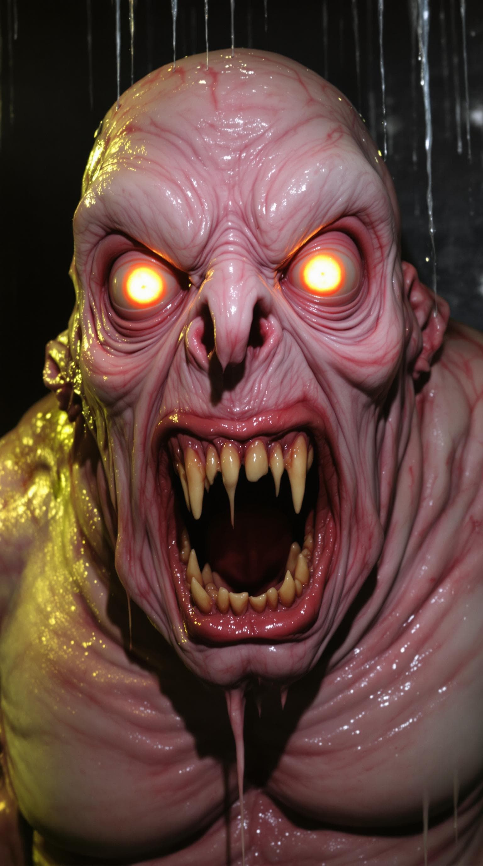 AI generated: A close-up of a monstrous creature, likely from a horror film.  The creature is fleshy, pale pink, a...
