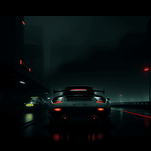 AI generated: a Porsche sports car in motion (((at night))), high speed, ((motion blur)), movie action scene, (((N...