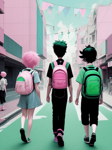 AI generated: An illustration of a quirky boy with black hair, a quirky girl with pink hair, a boy and a girl stan...