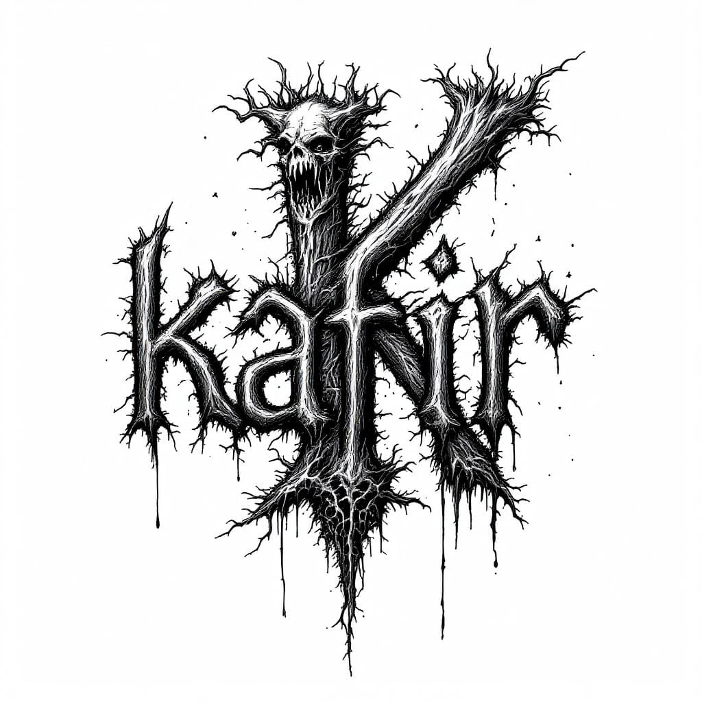 AI generated: A brutal death metal-style logo featuring the word 'kafir' with a grotesque and chaotic extreme meta...