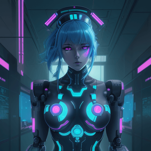 AI generated: A cyberpunk anime illustration of a robot nurse in a futuristic hospital, neon lights reflecting off...