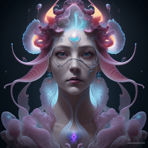 AI generated: Goddess close-up portrait ribcagel. jellyfish phoenix head, nautilus, orchid, skull, betta fish, bio...