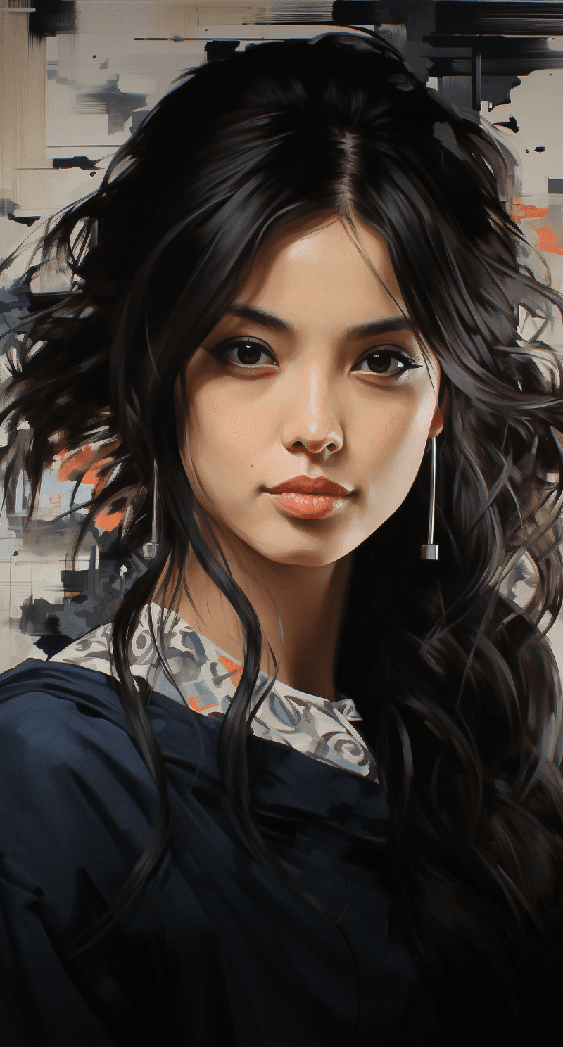 AI generated: a black painting of a woman with black hair, in the style of photo-realistic drawings, chinese brush...