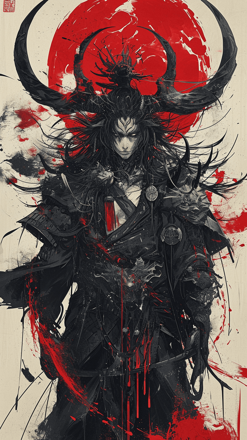 AI generated: a black and red illustration of a mystical monster with horns and hair, in the style of james jean, ...