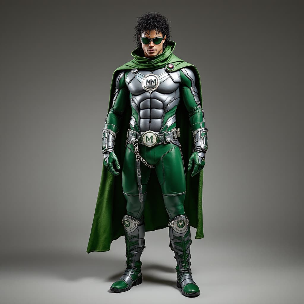 AI generated: hyper real of MICHAEL JACKSON IN BROWN SKIN IN A Green/grey spandex Meteor Man costume, grey spandex...