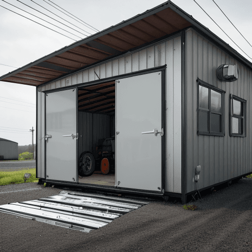 AI generated: a crash of a trailer against a guardhouse in an industrial area.  The style should be contemporary a...