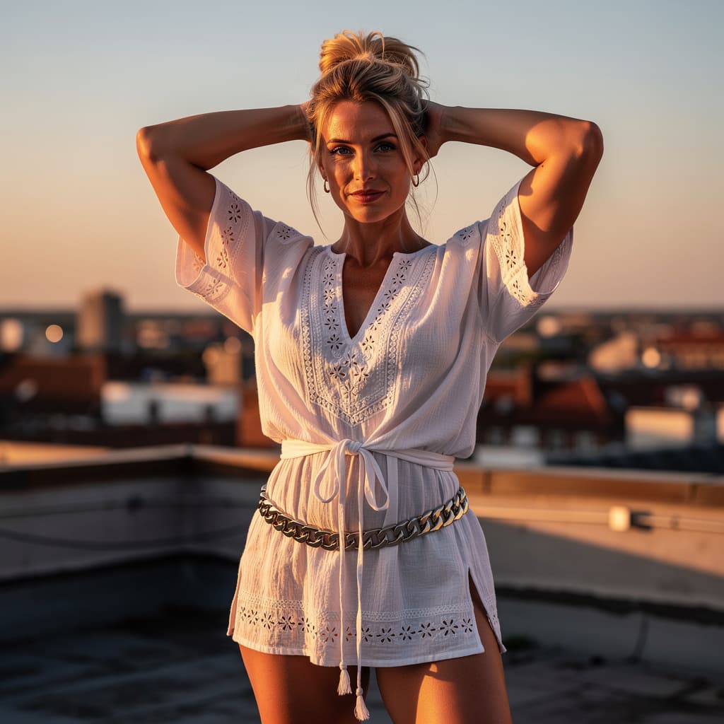 AI generated: Create a photorealistic image of a fit adult female standing on a rooftop at sunset. She is wearing ...