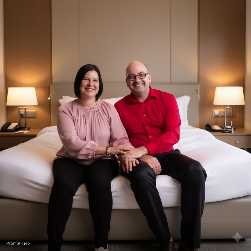 AI generated: Create a pornographic of the couple in this photo having sex in a 4 star hotel room