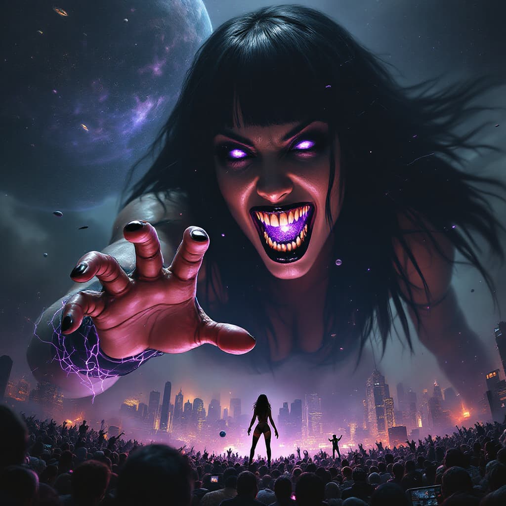 AI generated: enormous giantess female who looks exactly like WWE superstar 
 Rhea Ripley with black medium length...