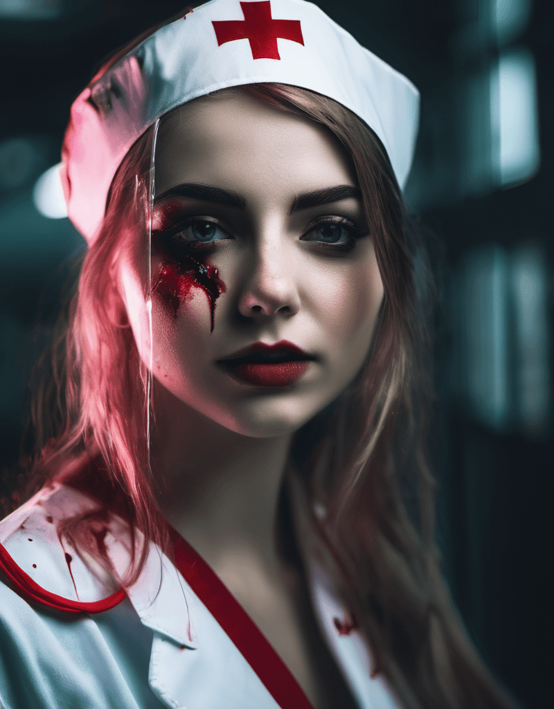 AI generated: a beautiful 20yo girl as evil nurse, creepy, gloomy, psychopathic, muted colors, looking at viewer, ...