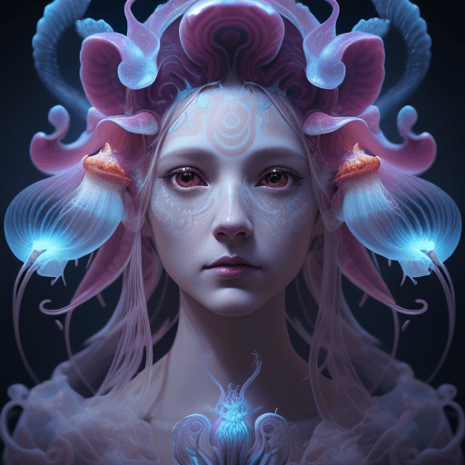 AI generated: Goddess close-up portrait ribcagel. jellyfish phoenix head, nautilus, orchid, skull, betta fish, bio...