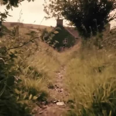 AI generated video: A gentle breeze moves slowly as the camera follows the path to the house
