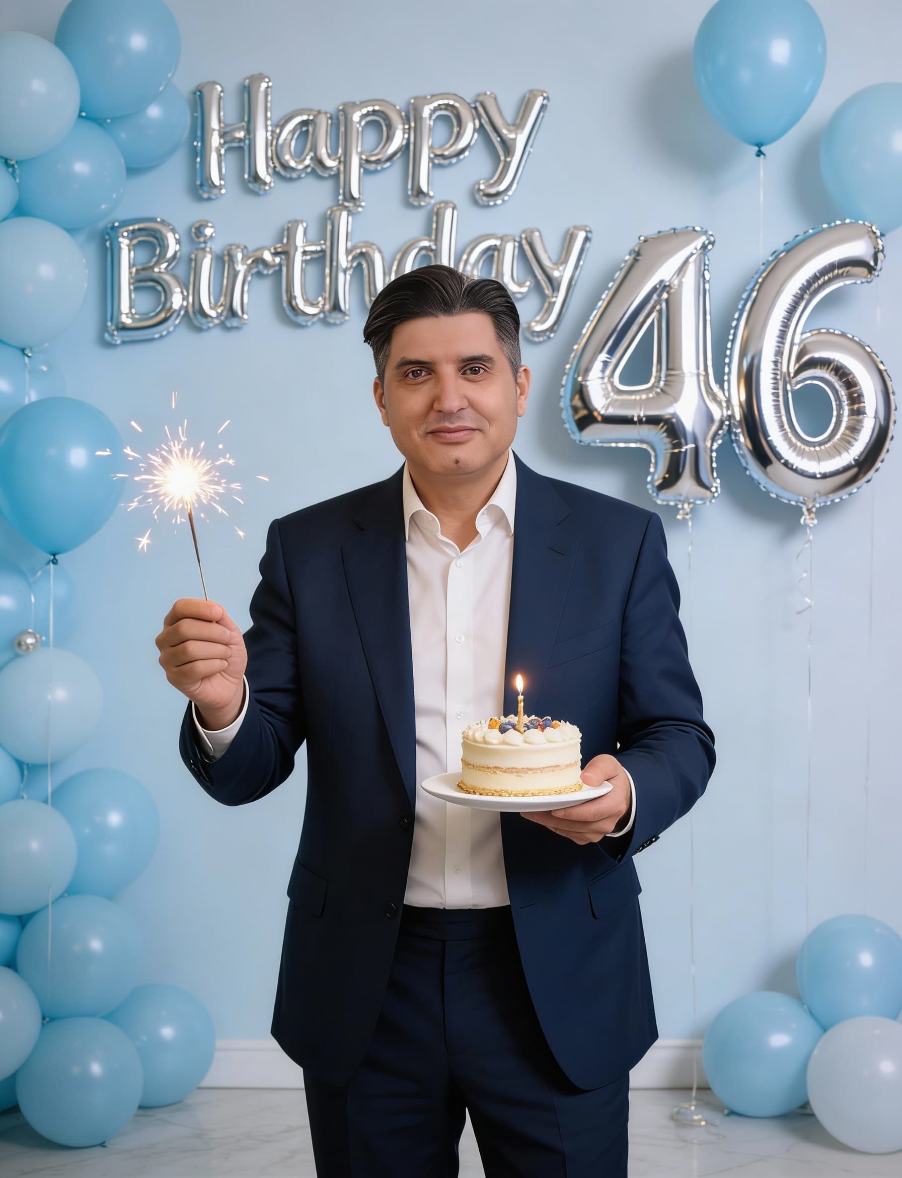 AI generated: A stylish 46-year-old man standing in a luxury birthday studio setup, mature and elegant appearance,...