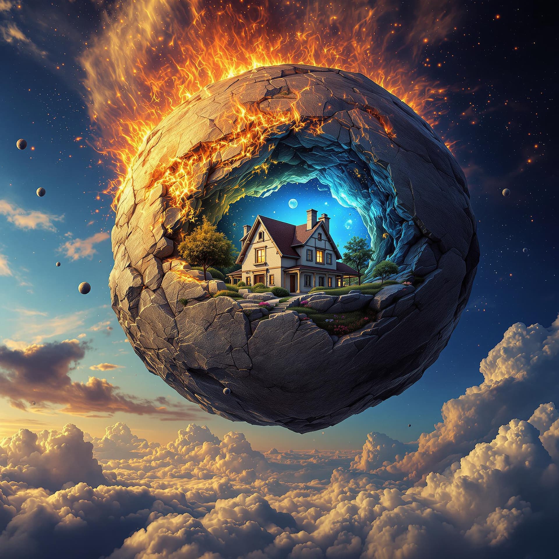 AI generated: a house carved out of a large asteroid hovering in the sky::surrealist dreamlike imagery::sky on fir...