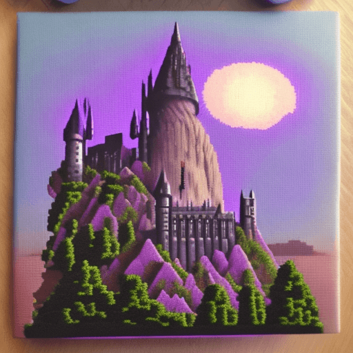 AI generated: A very detailed small purple castle in Harry Potter style, with mountains on the left and sunset on ...