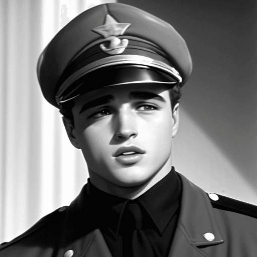 AI generated: A young Marlon Brando in the film "The Teothys" wearing an army cap, with film grain, in a screencap...