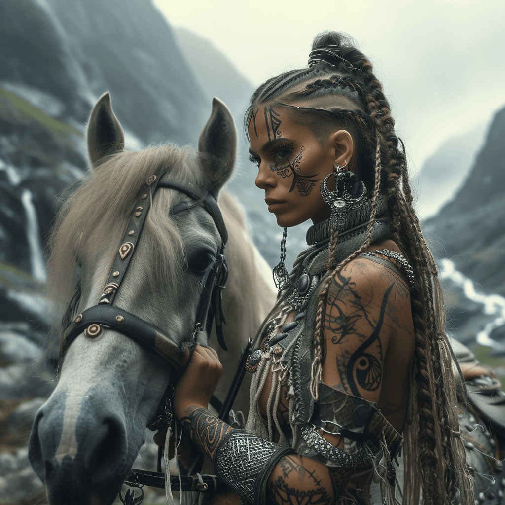 AI generated: beautiful nordic viking princess, she is in her homeland with beautiful mountains and waterfall, she...
