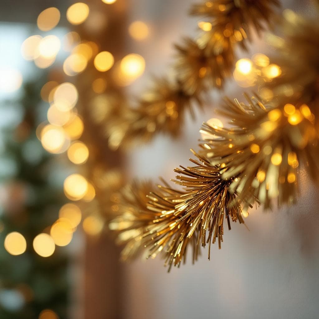 AI generated: Close-up of gold garland hanging on wall, bokeh background, soft festive lighting – cozy celebration...