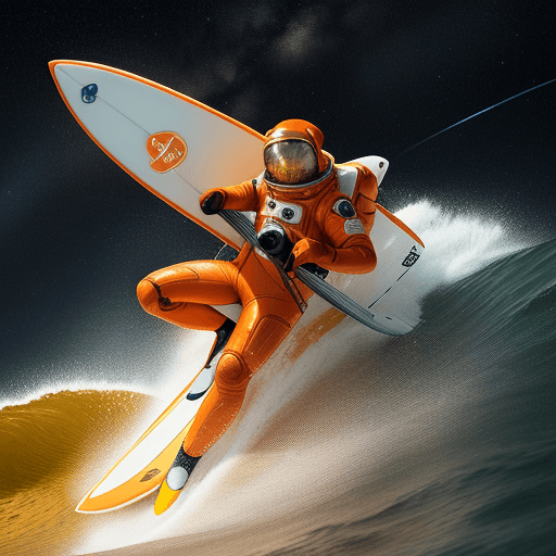 AI generated: The image features a man in an orange space suit riding a surfboard on an orange color wave. The man...