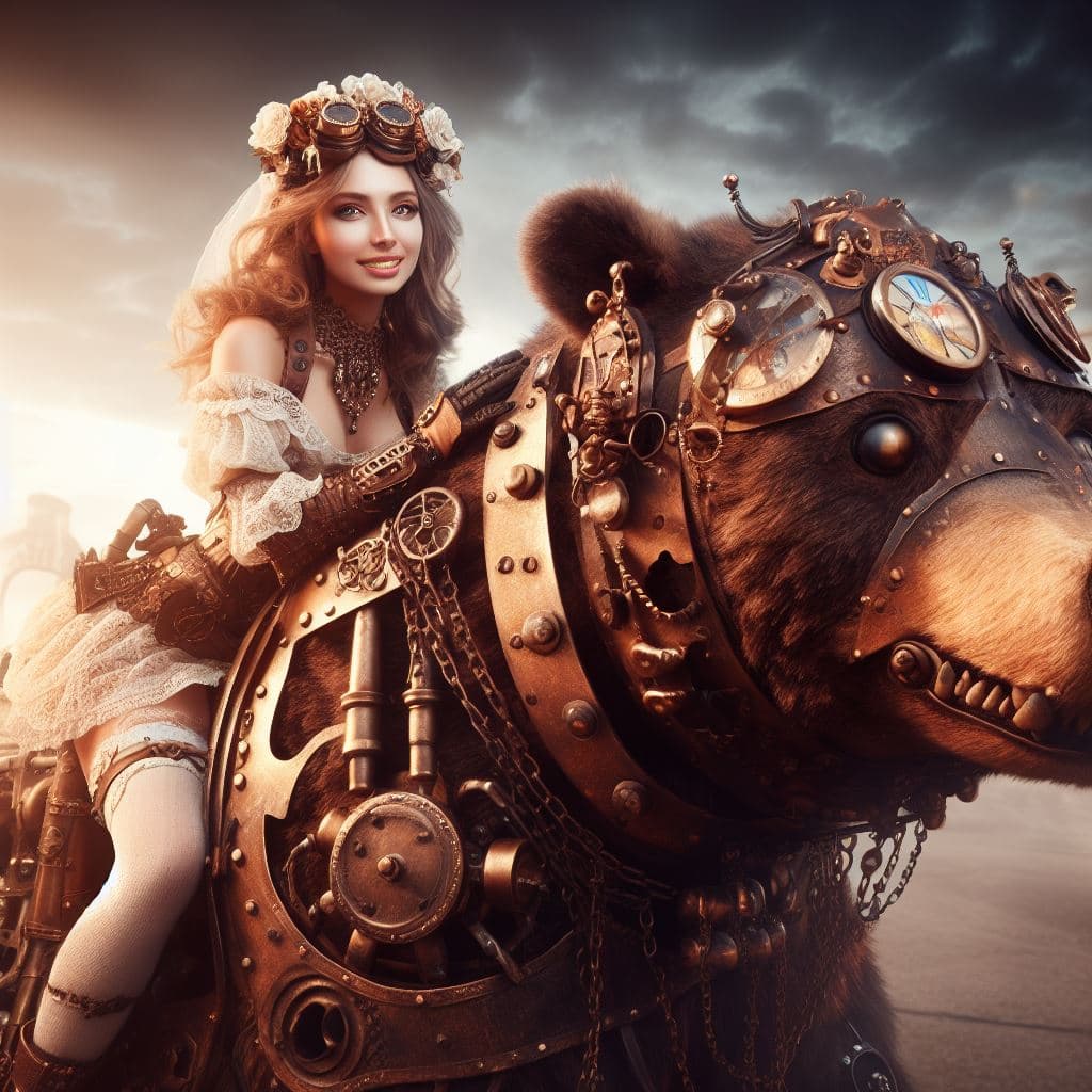 AI generated: steampunk princess on an artificial bear,all in very detailed steampunk style,photorealistic,dynamic...