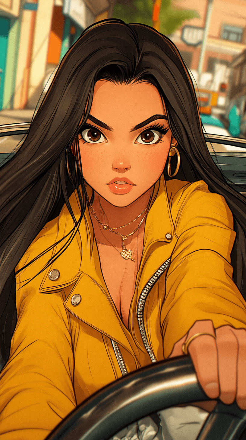 AI generated: A hand-drawn illustration of a woman with long black hair, riding in a car, cartoon feel, urban stre...