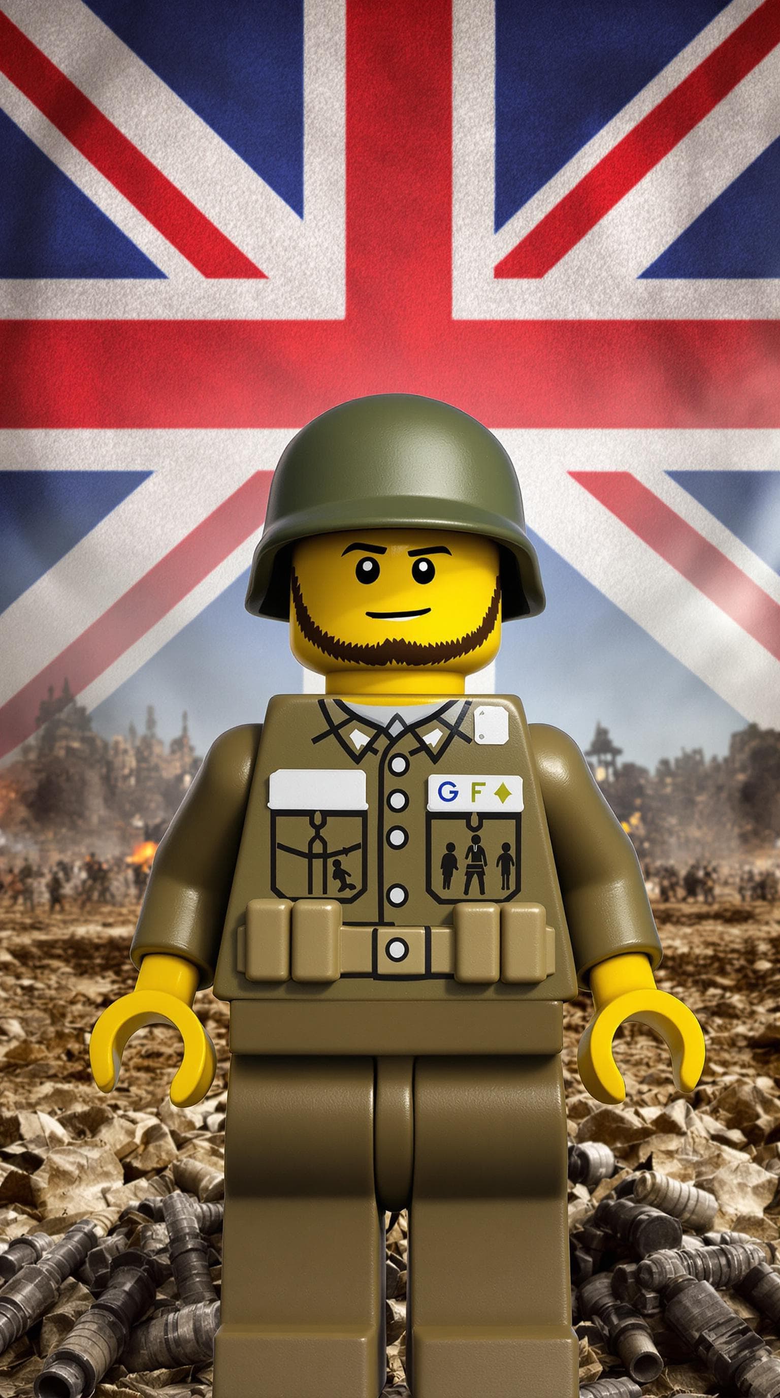 AI generated: A LEGO character dressed in military gear in front of a battlefield with a British flag in the backg...