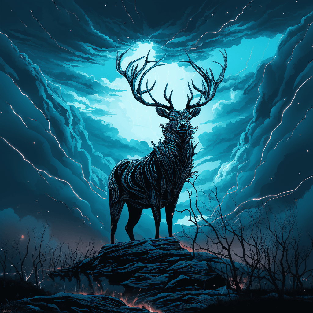 AI generated: A stag standing on a hillside, in the style of dark sky - blue and light cyan, afrofuturism - inspir...
