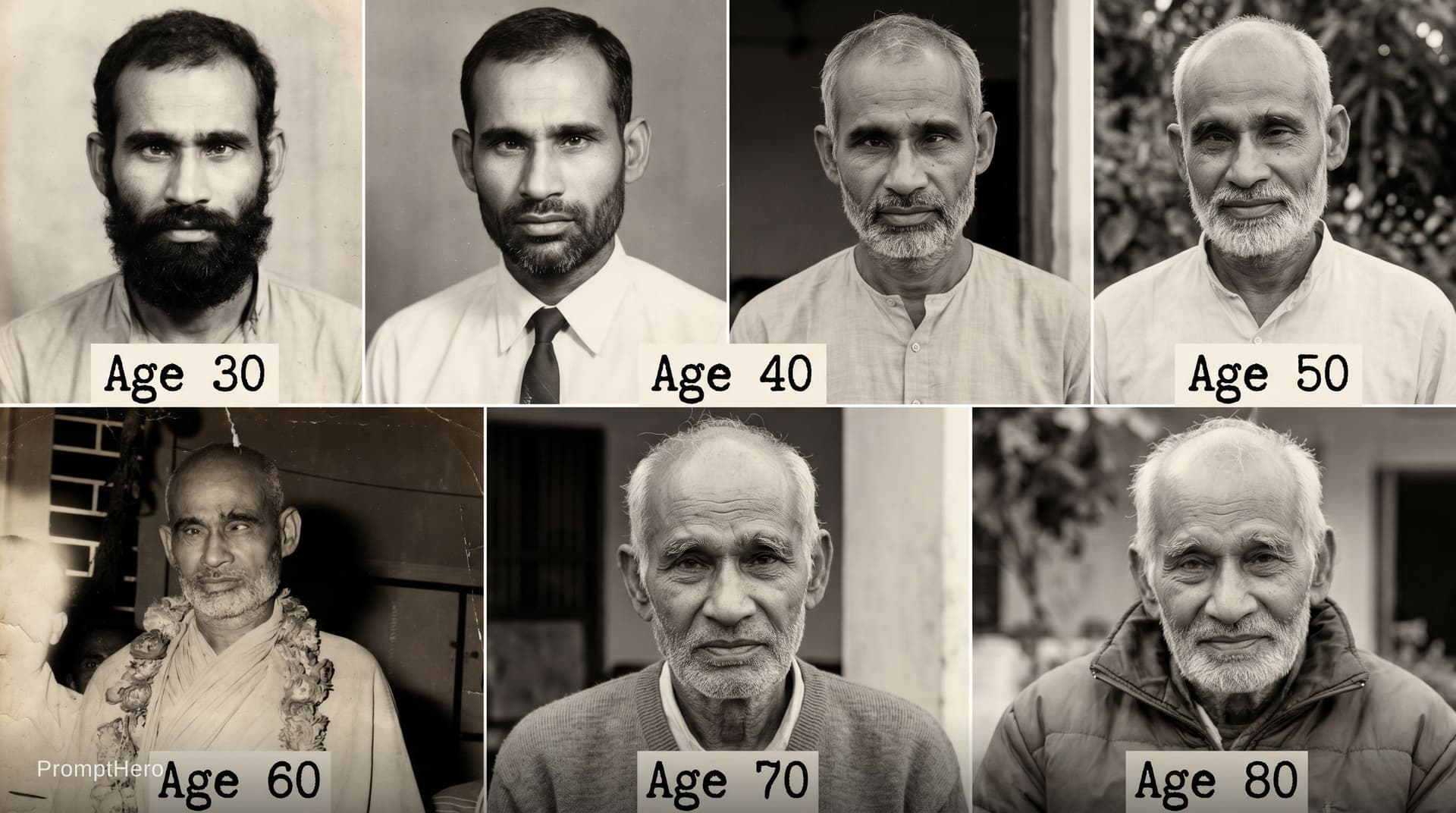 AI generated: Show this person at ages 30, 40, 50, 60, 70, and 80