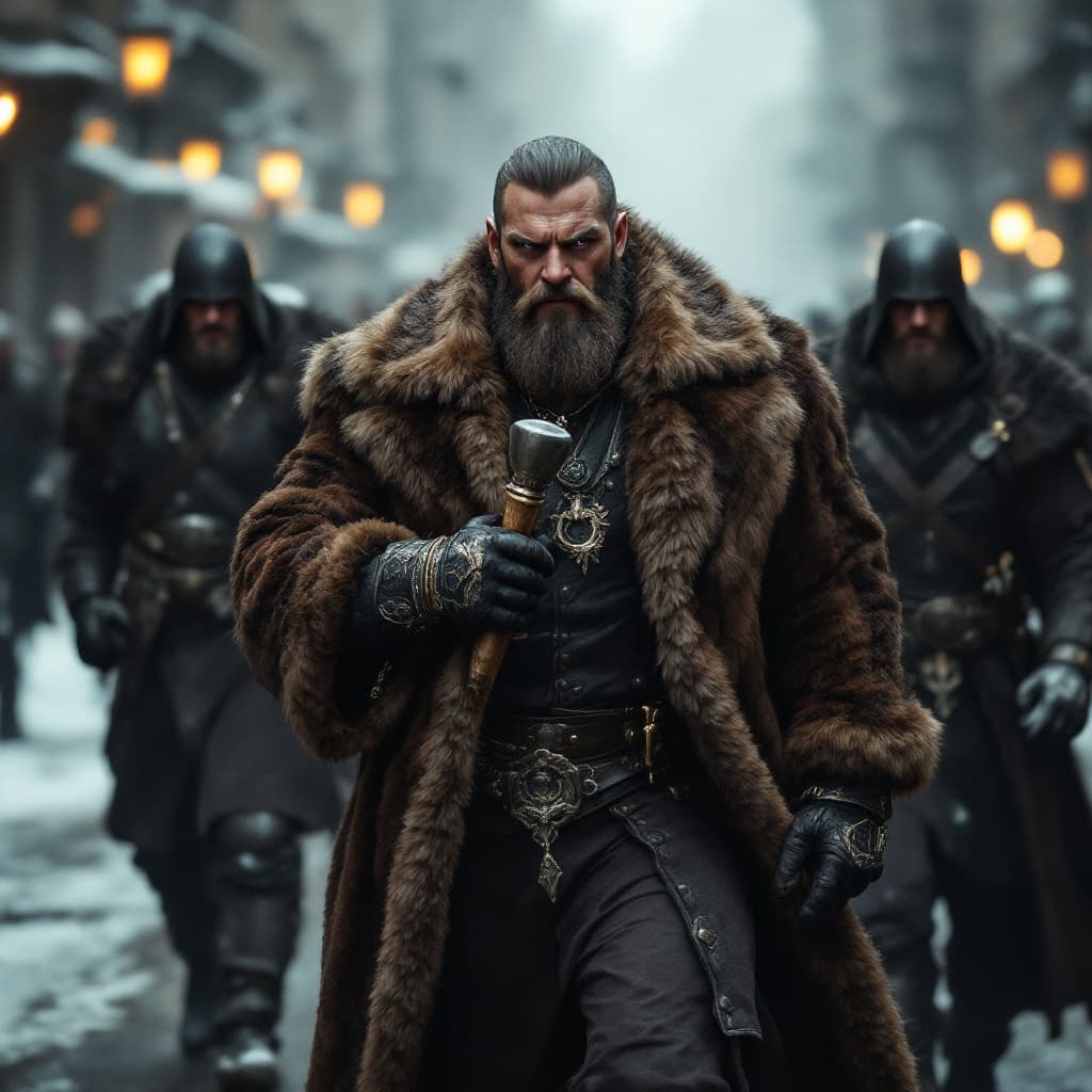 AI generated: A rich strongman, holding a mace in his hands, dressed in an expensive fur coat, walks down the stre...