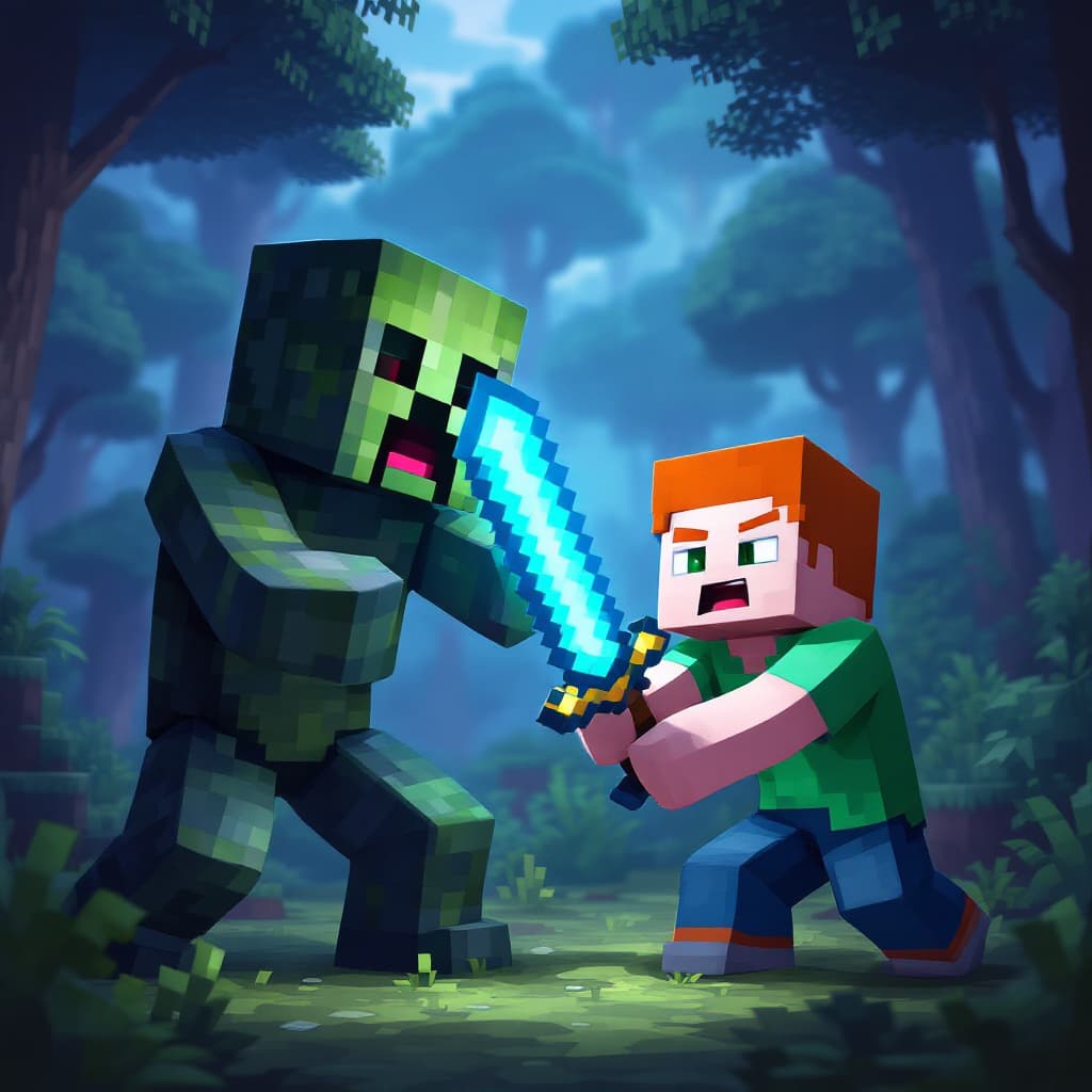AI generated: ginger with white skin, green eyes and a green shirt in minecraft attacking a creeper with a diamond...